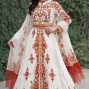 Embroidered White and Red Women's Dress